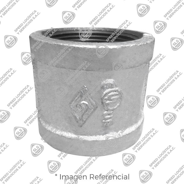 UNION SIMPLE O COPLA (COUPLING) REFORZADO FIERRO MALEABLE GALVANIZADO A197 CLASE 150 ROSCA NPT (B1.20.1) CERTIFICACION UL/FM MOD. 220 MECH (JINAN MEIDE)