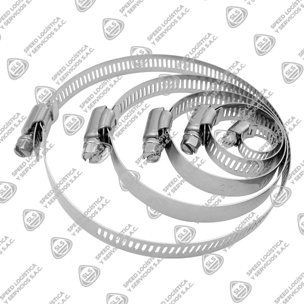 ABRAZADERA LIVIANA PARA MANGUERA CON CINTA NO PERFORADA TIPO CREMALLERA CON TORNILLO SIN FIN CON CABEZA HEXAGONAL DE ACERO INOXIDABLE AISI 304 CON FLEJE 9 MM